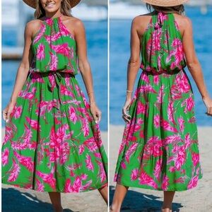 Cupshe Pink-and-Green Floral Maxi Halter Beach Dress Size Small NWT